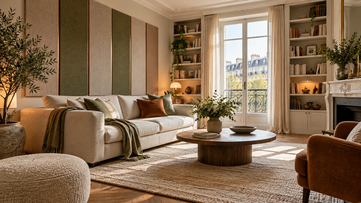 Séjour avec panneaux absorbants, tapis et mobilier textile