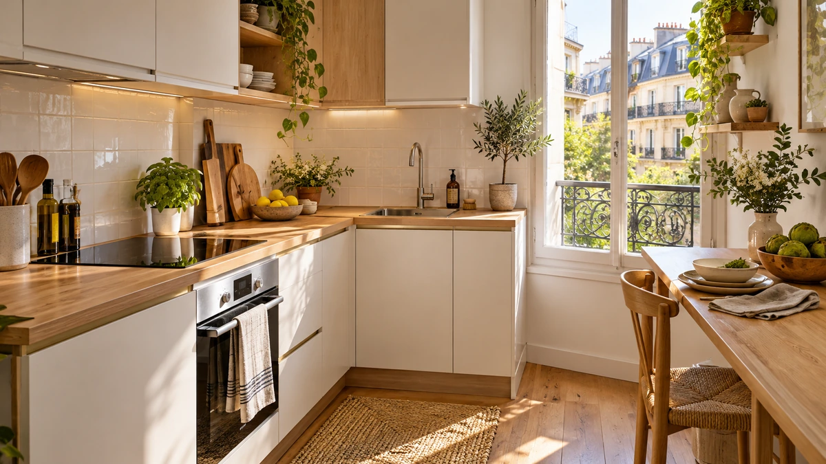 Petite cuisine en L avec façades claires et plan de travail en bois
