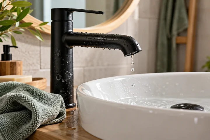 Robinet noir avec traces d’eau près d’un chiffon doux