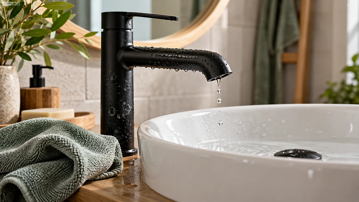 Robinet noir avec traces d’eau près d’un chiffon doux
