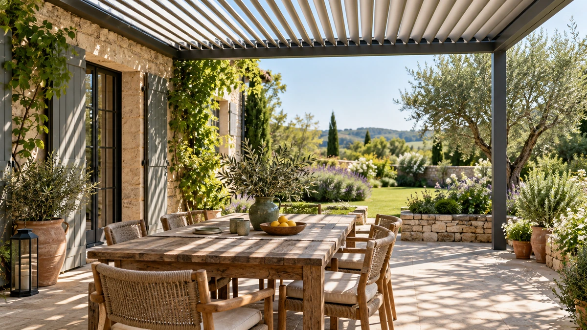 Pergola couvrant un espace de repas extérieur