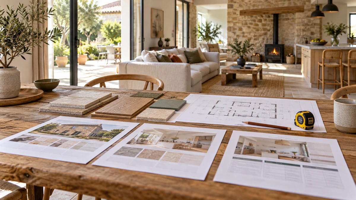 Documents de devis et échantillons sur une table de préparation de rénovation