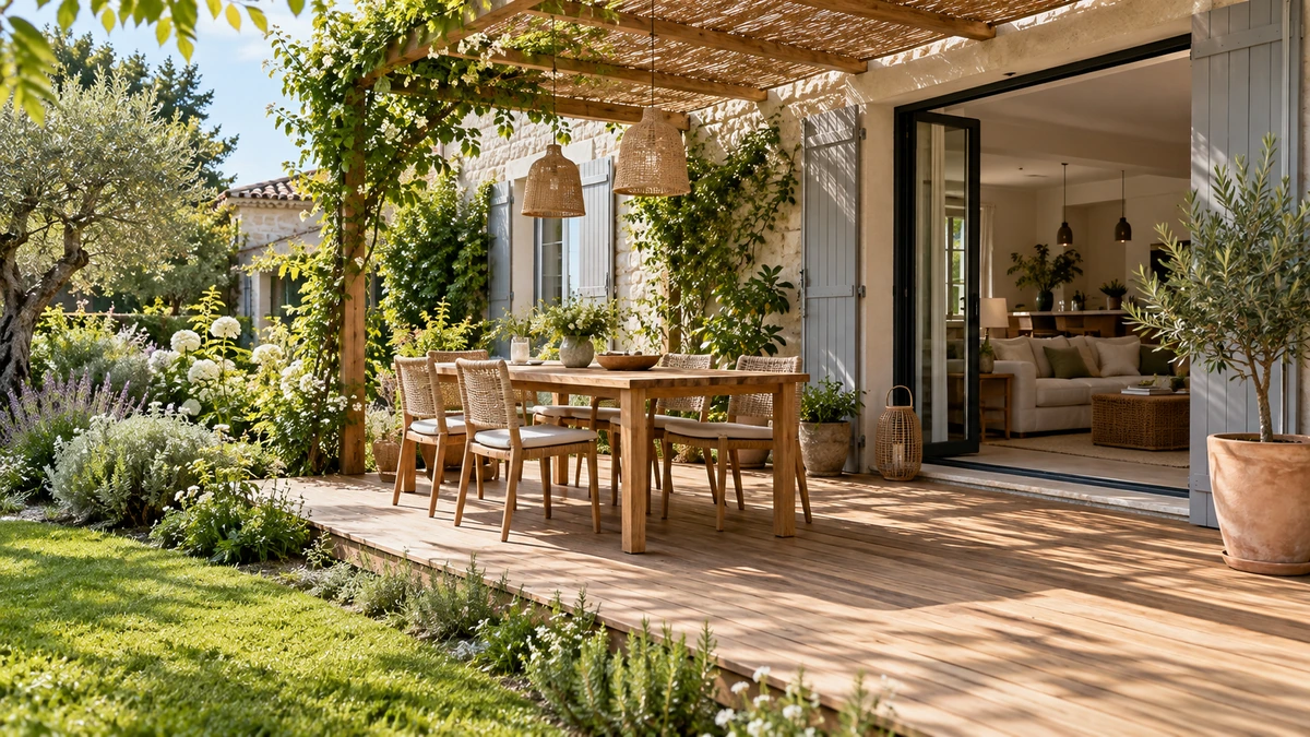 Terrasse en bois avec table de jardin et zone ombragée