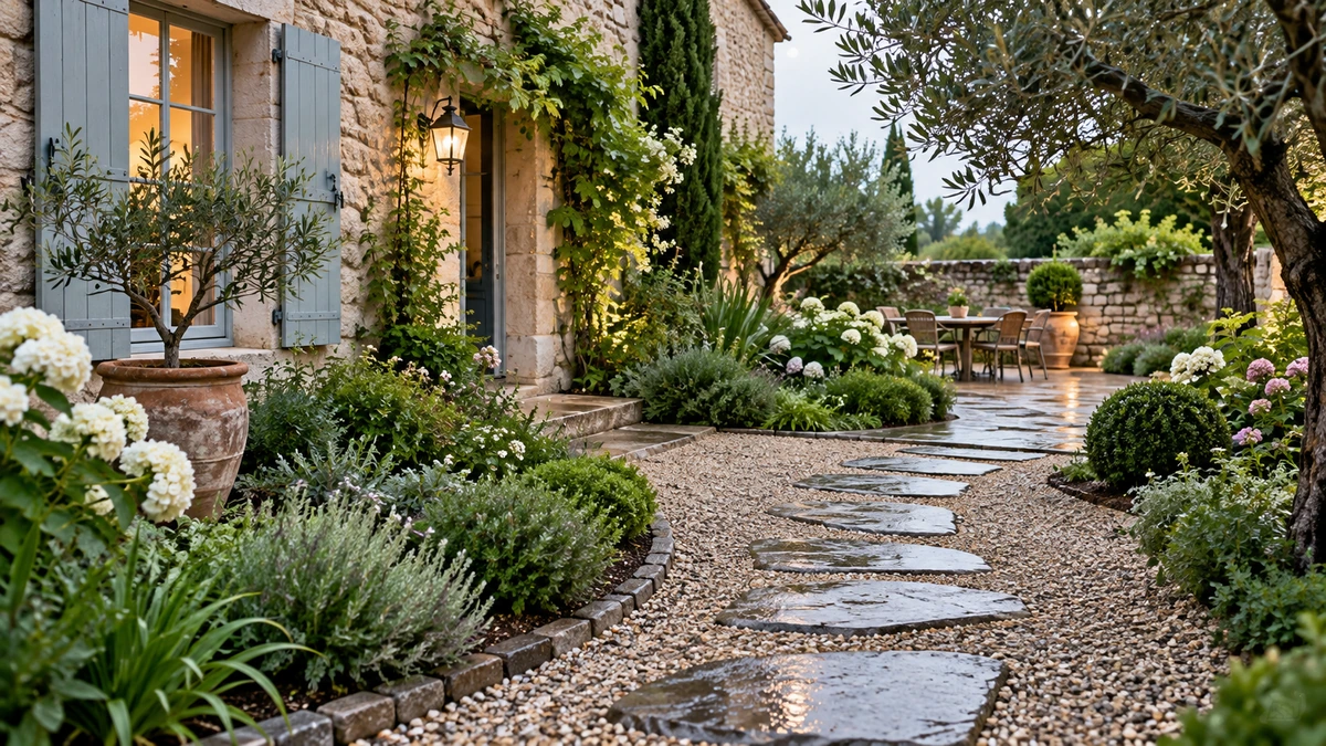Allée de jardin avec bordures végétales