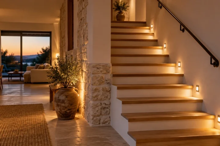 Escalier dégagé avec rampe et éclairage doux rendant les marches visibles
