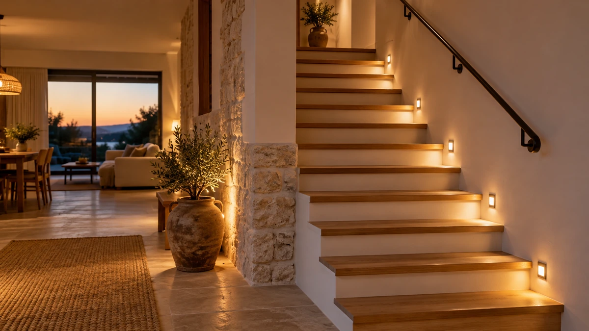 Escalier dégagé avec rampe et éclairage doux rendant les marches visibles
