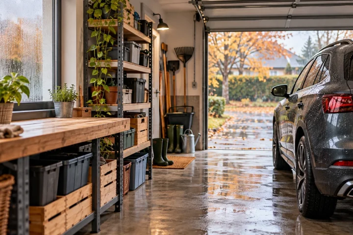 Garage avec voiture mouillée, étagères surélevées et condensation à la fenêtre