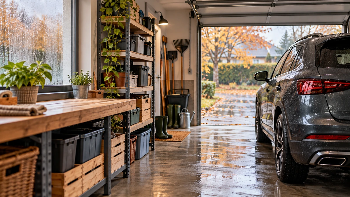 Garage avec voiture mouillée, étagères surélevées et condensation à la fenêtre