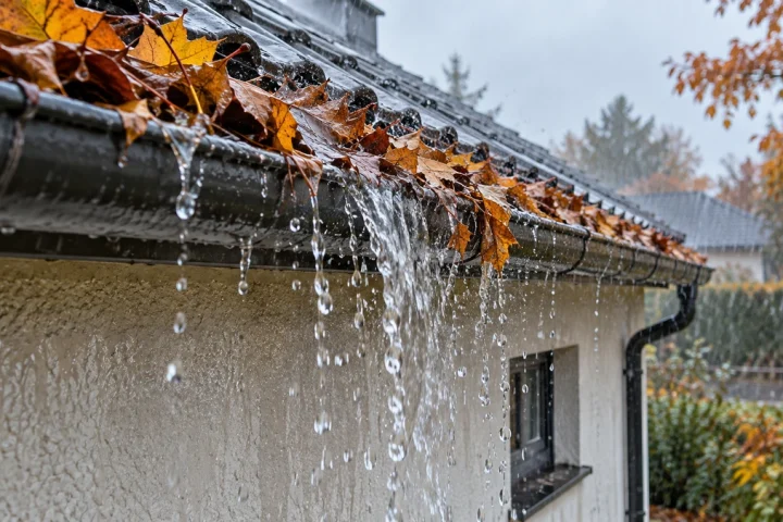 Gouttière contenant des feuilles mortes et débordant pendant une pluie