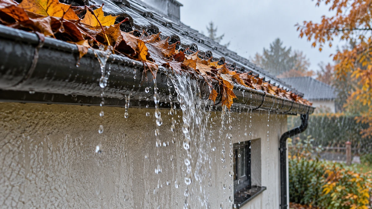 Gouttière contenant des feuilles mortes et débordant pendant une pluie
