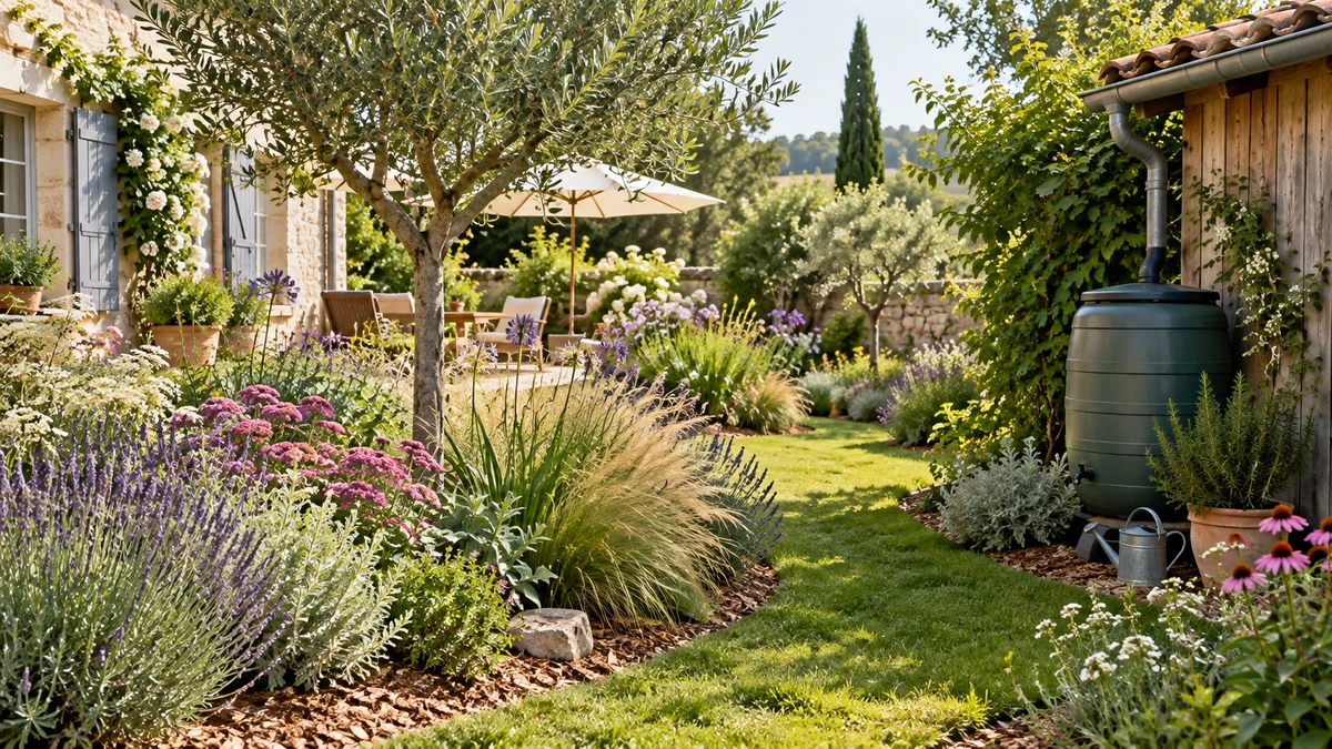 Jardin planté de vivaces avec paillage et récupération d’eau de pluie