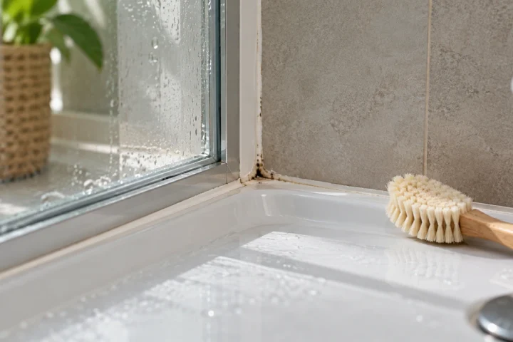 Angle de douche avec une trace sombre localisée sur le joint silicone