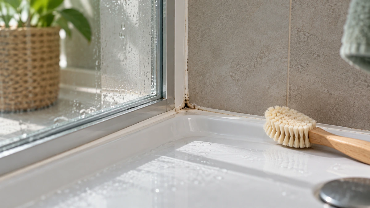 Angle de douche avec une trace sombre localisée sur le joint silicone