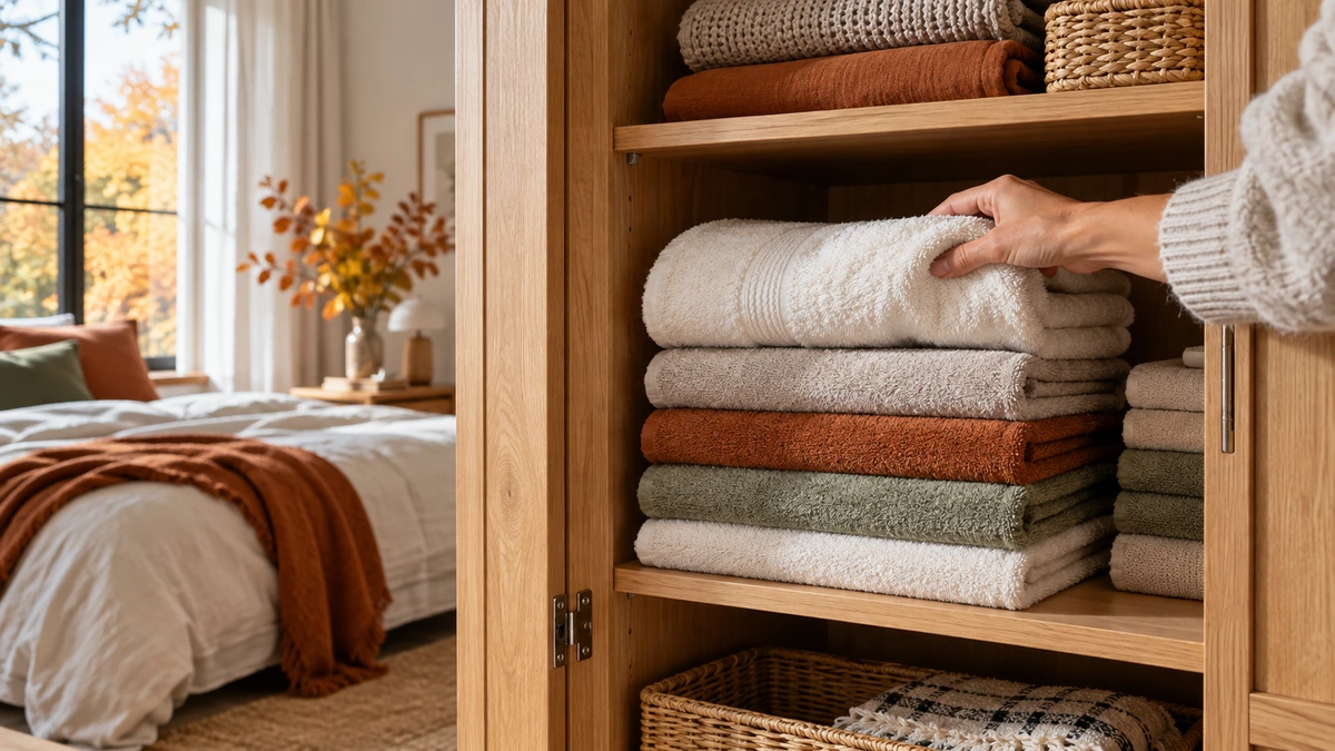 Serviettes pliées et espacées dans un placard en bois clair