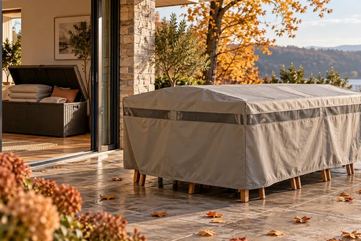 Mobilier de terrasse protégé par une housse avec coussins rangés séparément