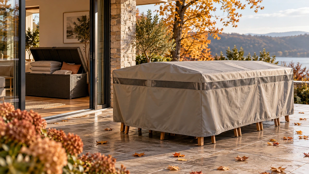 Mobilier de terrasse protégé par une housse avec coussins rangés séparément