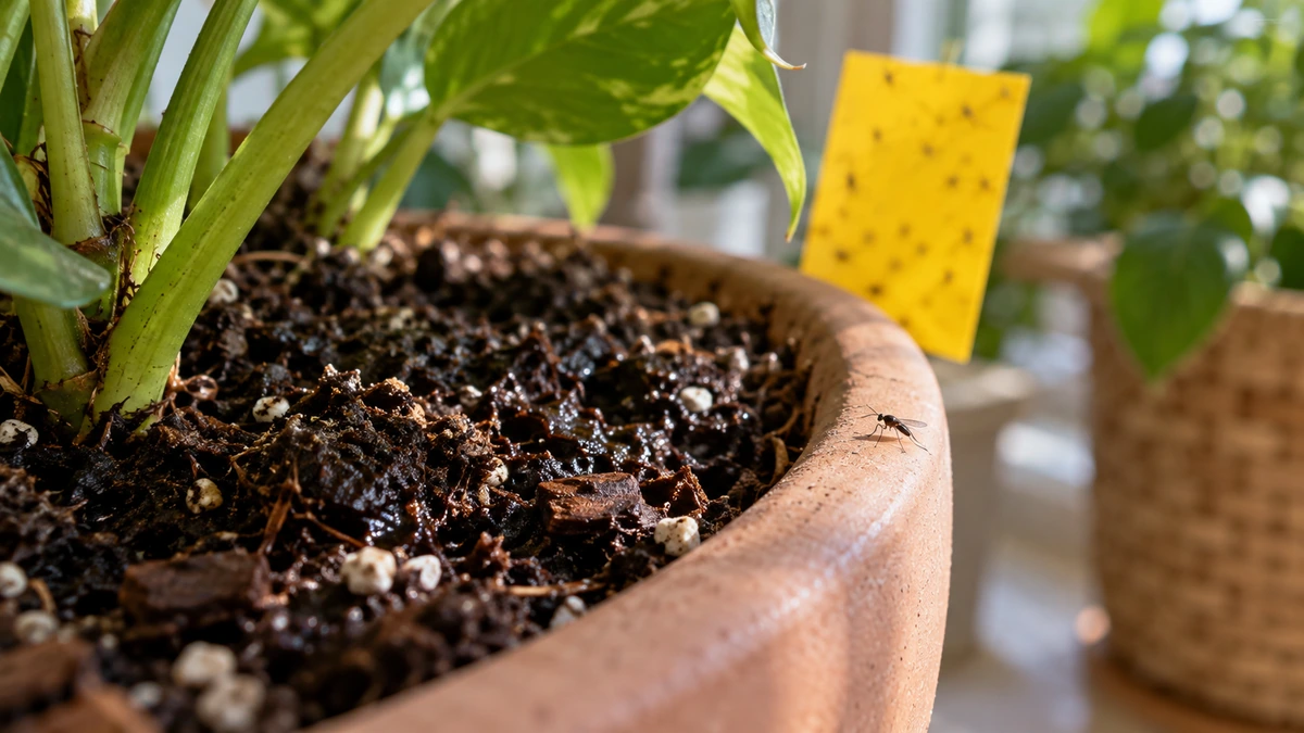 Petit moucheron près du terreau d’une plante et plaque adhésive jaune