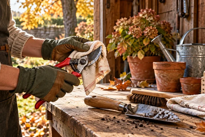 Outils manuels de jardin nettoyés sur un établi avec brosse et chiffon