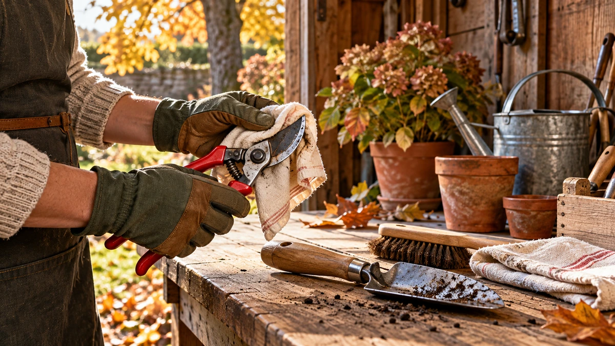 Outils manuels de jardin nettoyés sur un établi avec brosse et chiffon