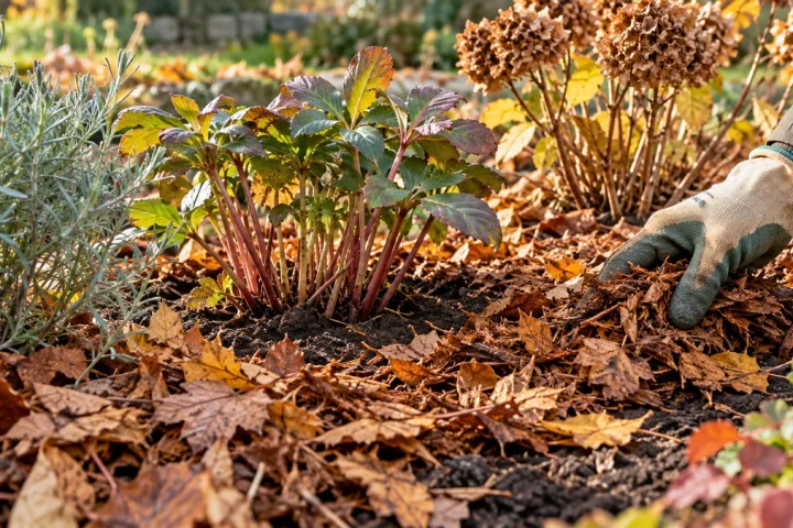 Main gantée répartissant un paillage de feuilles autour de plantes