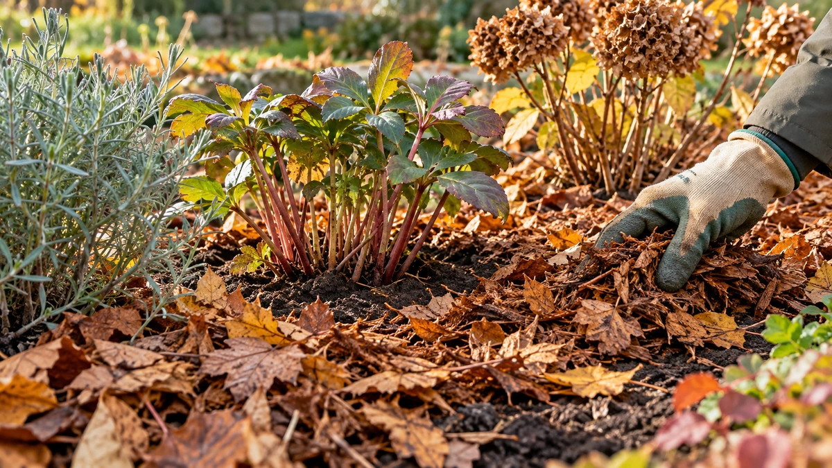 Main gantée répartissant un paillage de feuilles autour de plantes