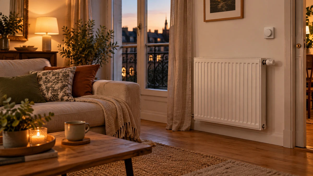 Radiateur et thermostat dans un séjour