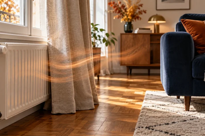 Radiateur blanc avec un rideau proche et un canapé laissant un espace dégagé