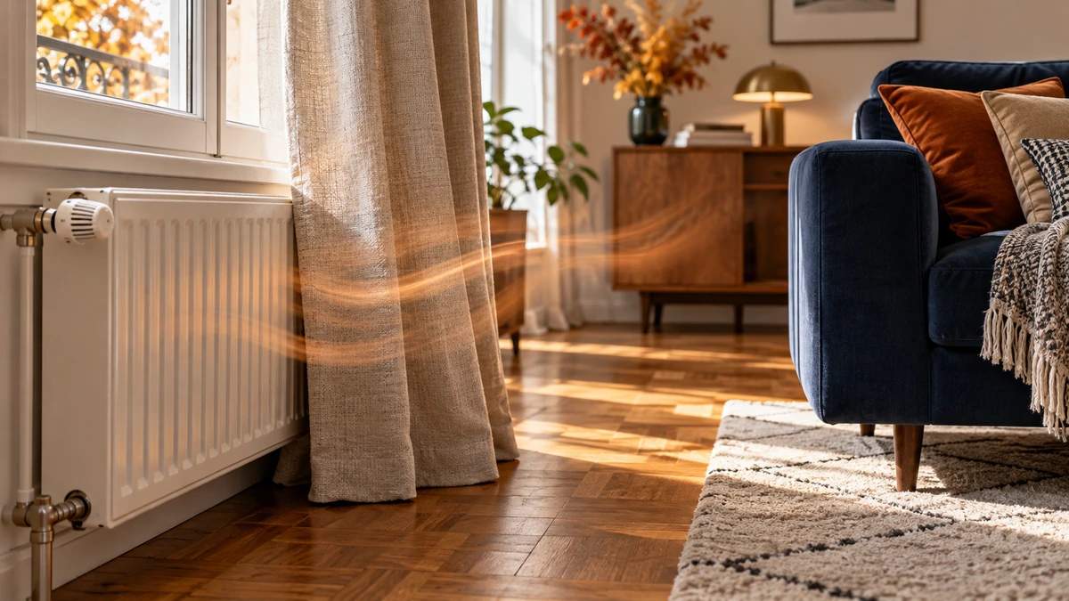 Radiateur blanc avec un rideau proche et un canapé laissant un espace dégagé
