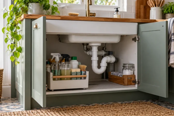 Meuble sous évier organisé avec siphon visible et bacs amovibles
