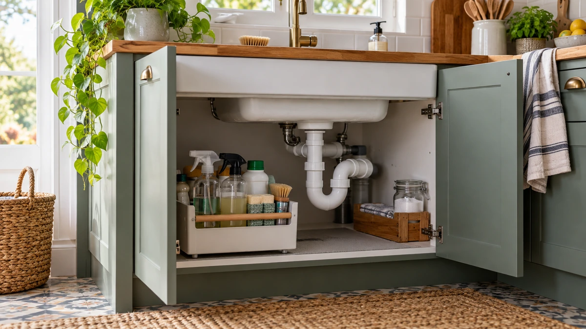 Meuble sous évier organisé avec siphon visible et bacs amovibles