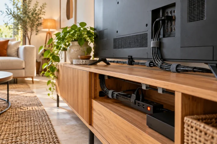 Câbles regroupés derrière un meuble TV avec équipements accessibles