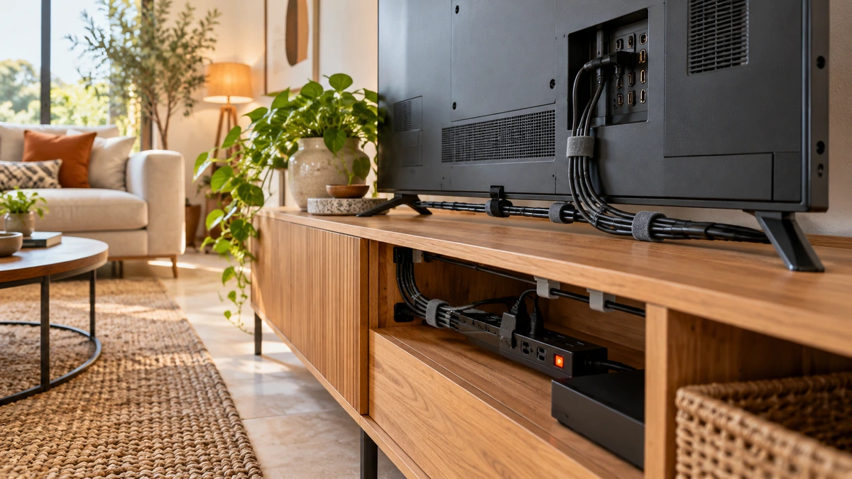 Câbles regroupés derrière un meuble TV avec équipements accessibles