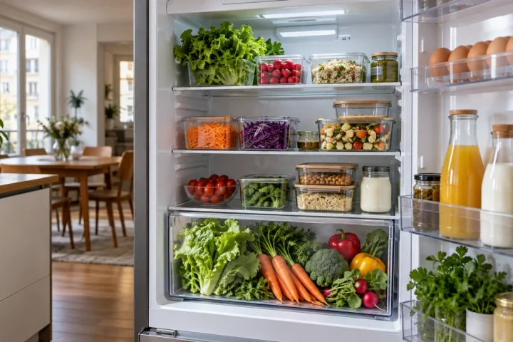 Réfrigérateur ouvert avec contenants transparents et bac à légumes rangé