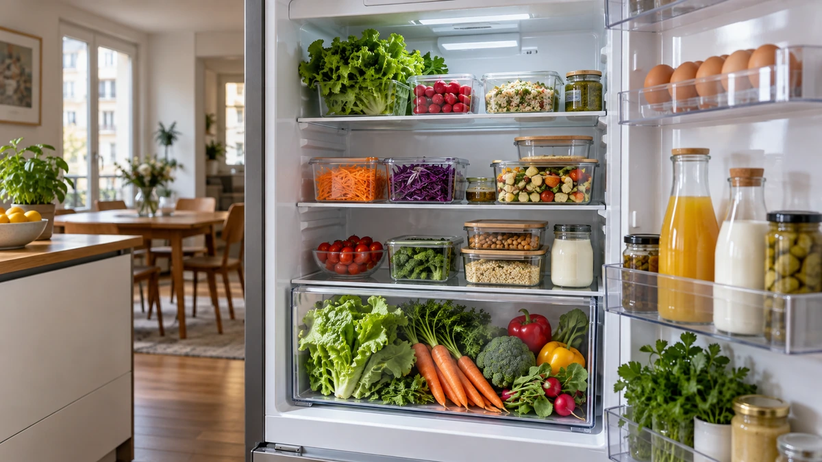 Réfrigérateur ouvert avec contenants transparents et bac à légumes rangé
