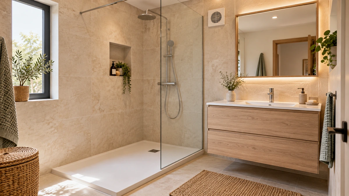 Salle de bains compacte avec douche, meuble vasque et ventilation