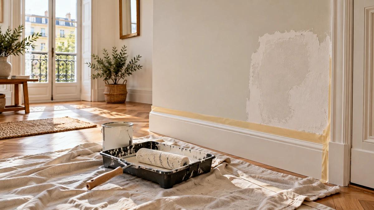 Mur intérieur en cours de peinture avec protections et matériel