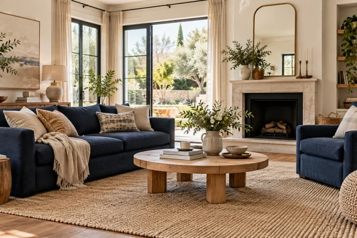 Grand tapis beige reliant un canapé bleu et un fauteuil autour d’une table basse