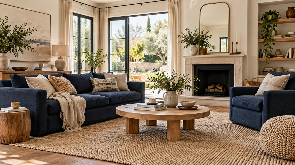 Grand tapis beige reliant un canapé bleu et un fauteuil autour d’une table basse
