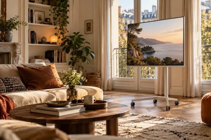 Écran sur support roulant dans un intérieur lumineux