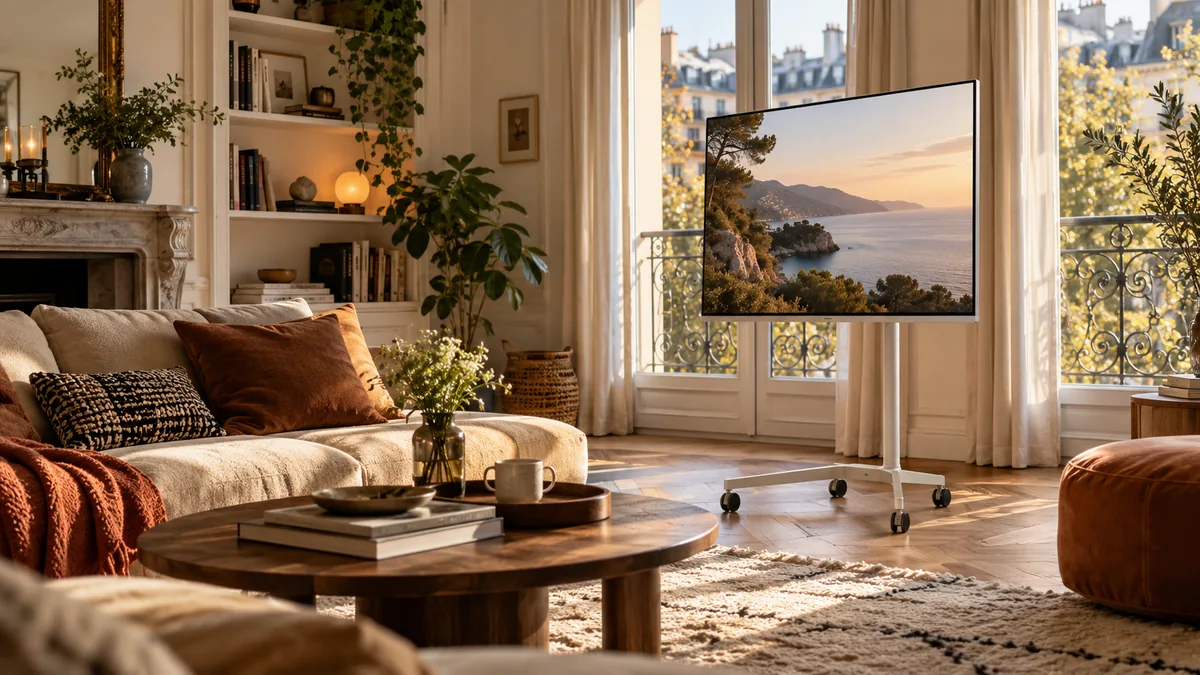 Écran sur support roulant dans un intérieur lumineux